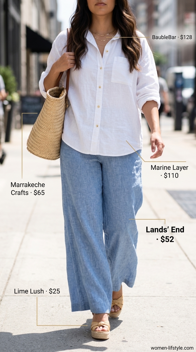 Miami South Beach summer outfits for women 2026: Sky blue linen set, white shirt, raffia wedges, straw tote.