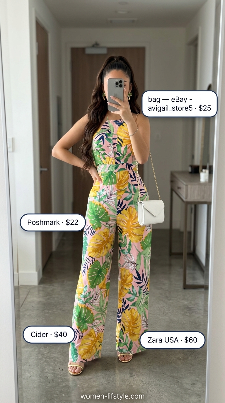 Miami South Beach summer outfits for women 2026: Green tropical jumpsuit, gold statement earrings, metallic heels.
