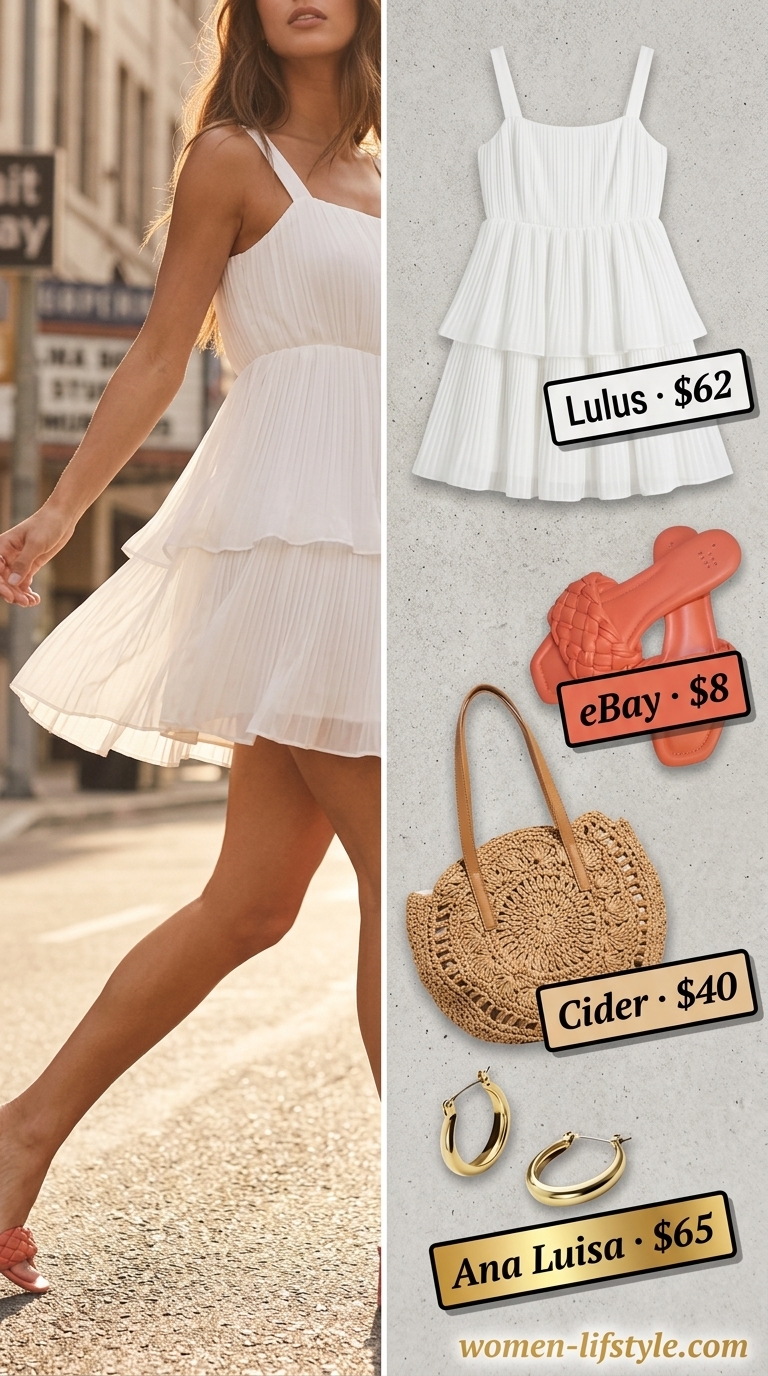 Miami South Beach summer outfits for women 2026: White tiered dress, gold hoops, straw tote, and coral sandals for effortless chic.