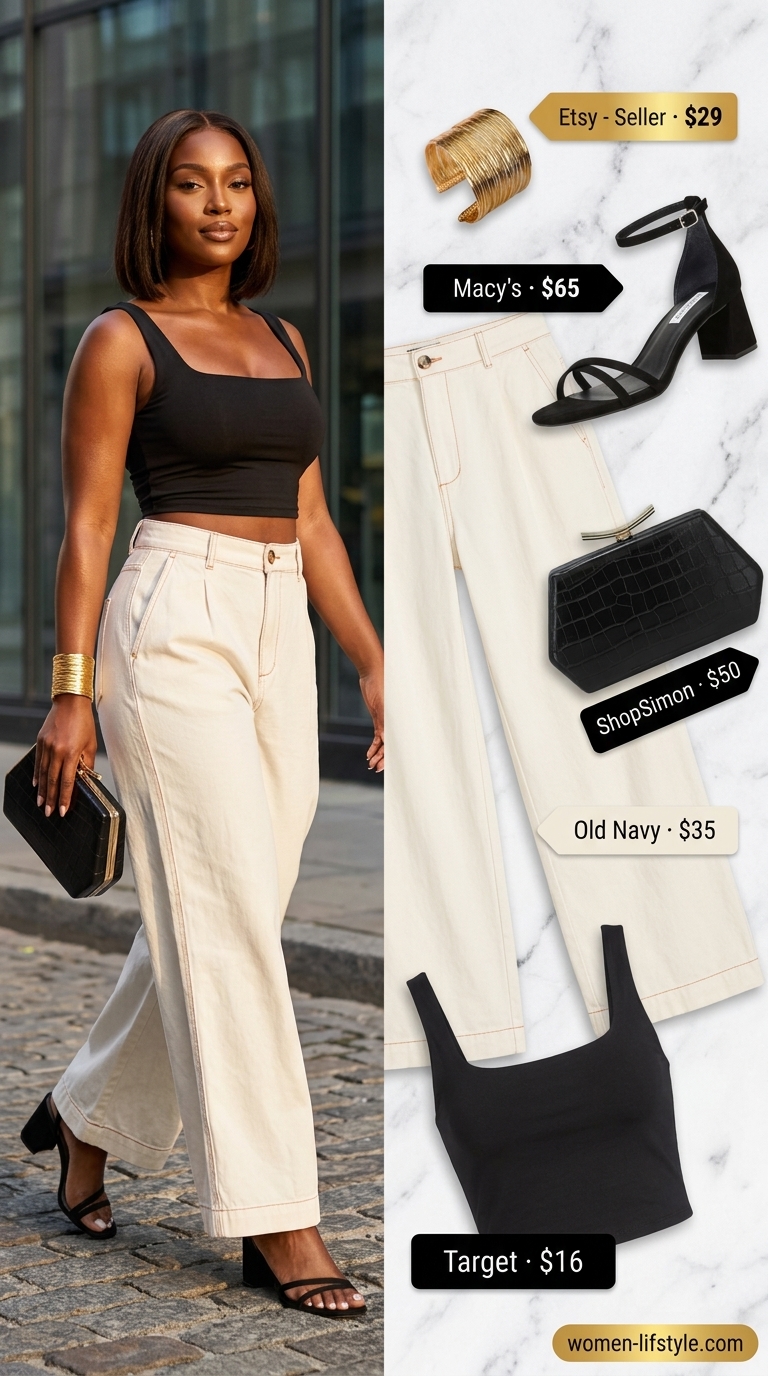 Miami South Beach summer outfits for women 2026: White wide-leg pants, black crop top, gold cuff, and strappy heels for evening glamour.