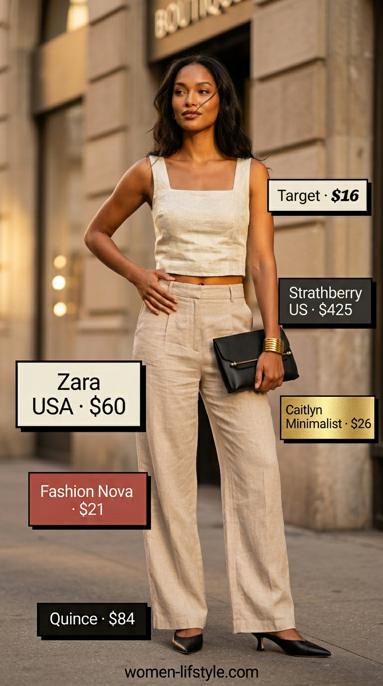 Minimalist linen summer outfit: Beige wide-leg pants, black crop top, black mules, gold bracelet.