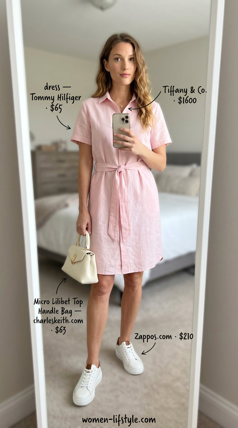 Minimalist linen summer outfit: Soft blush pink linen shirt dress, white sneakers, leather bag, gold necklace.