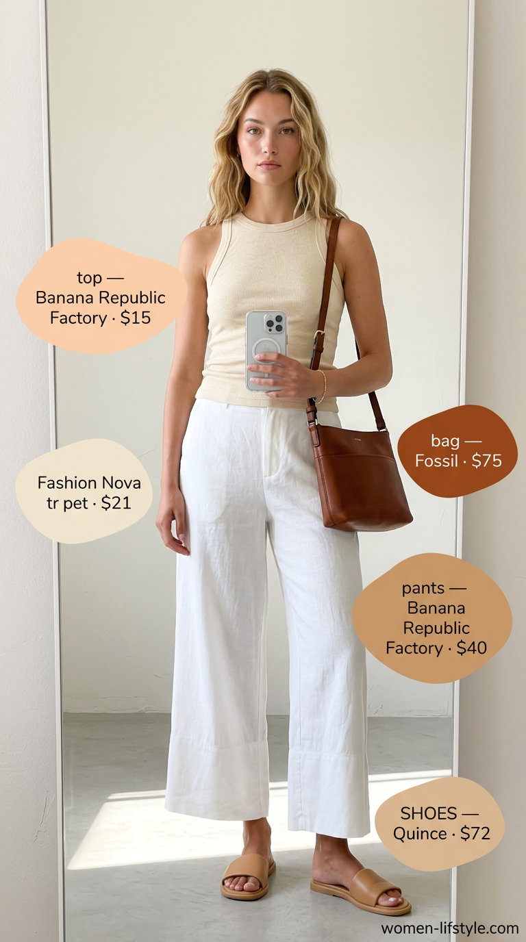 Minimalist linen summer outfits for women 2026: White cropped linen pants with beige tank for a fresh, comfortable look.