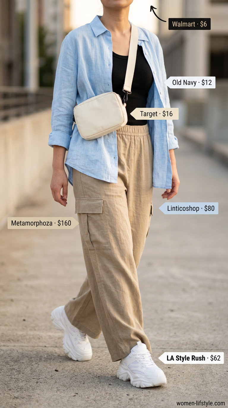 Minimalist linen summer outfit: Khaki cargo pants, black tank top, baseball cap, white sneakers.