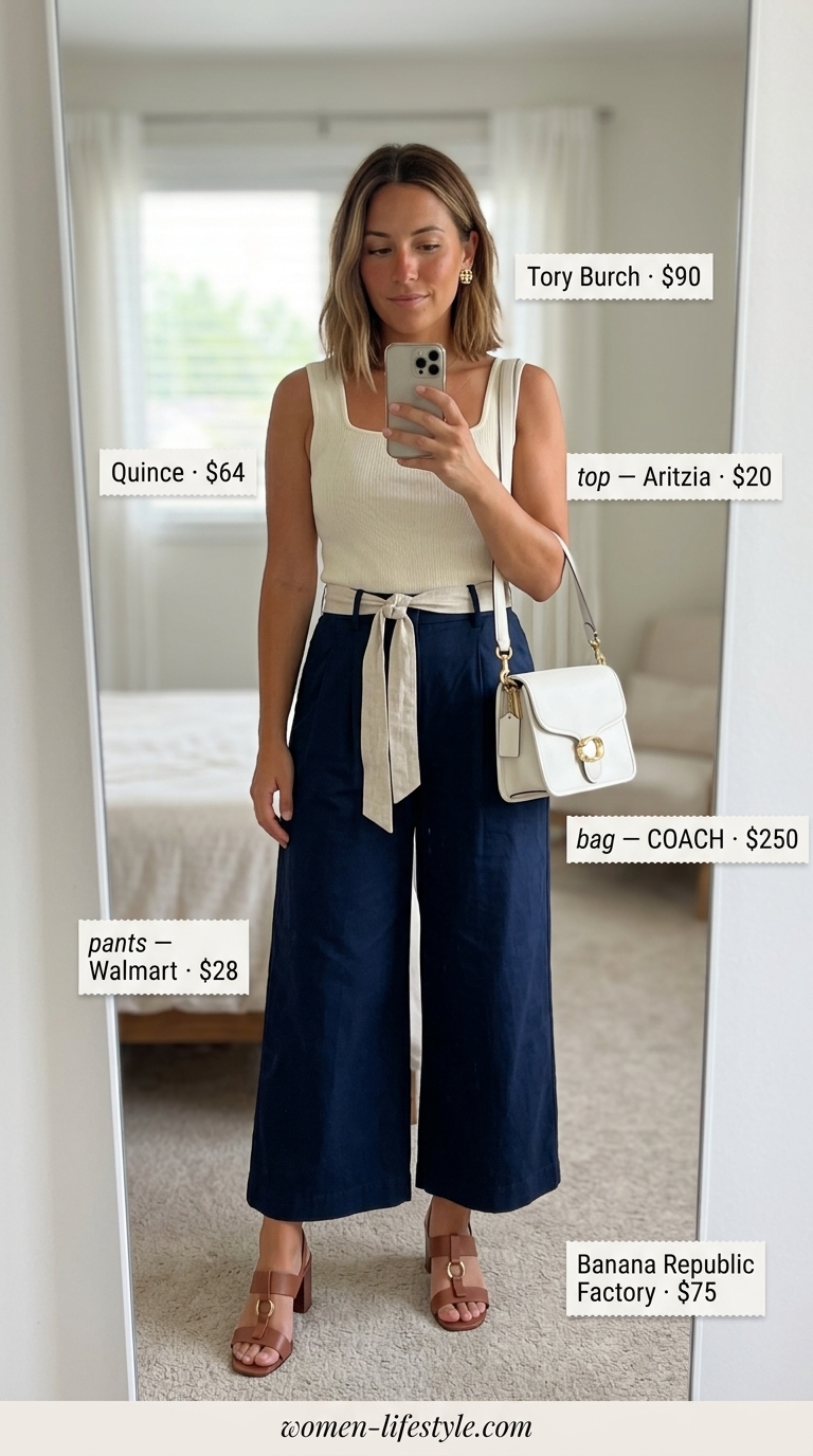 Minimalist linen summer outfits for women 2026: Navy culottes, cream knit top for a chic casual outing.