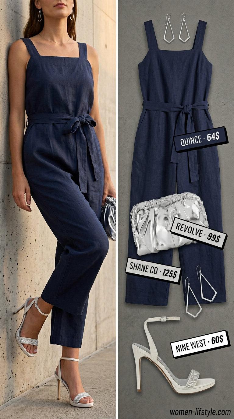 Minimalist linen summer outfits for women 2026: Navy wide-leg linen jumpsuit for sophisticated evening wear.