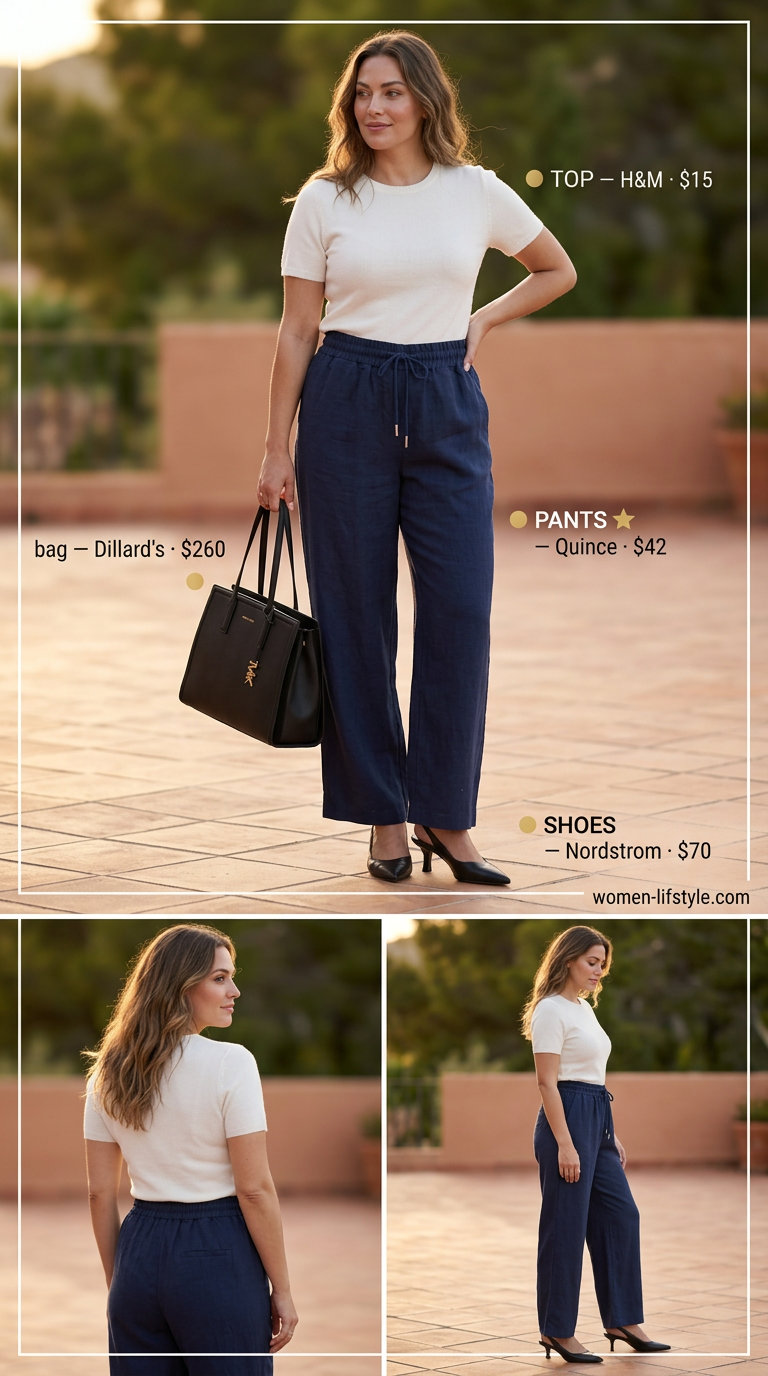 Minimalist linen summer outfits for women 2026: Navy wide-leg pants, ivory knit top for smart casual.