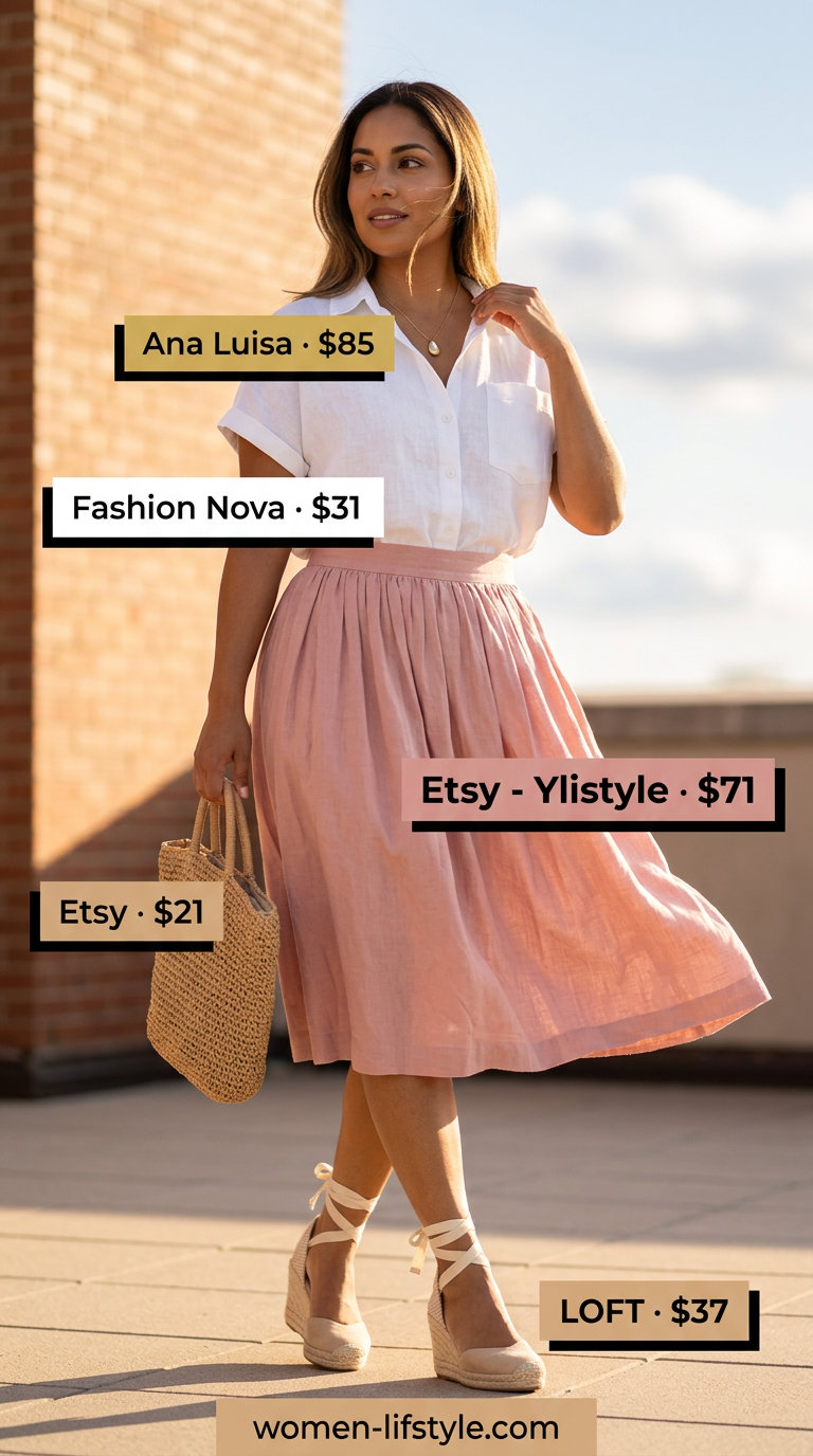 Minimalist linen summer outfit: Blush pink A-line midi skirt, white linen shirt, espadrille wedges.