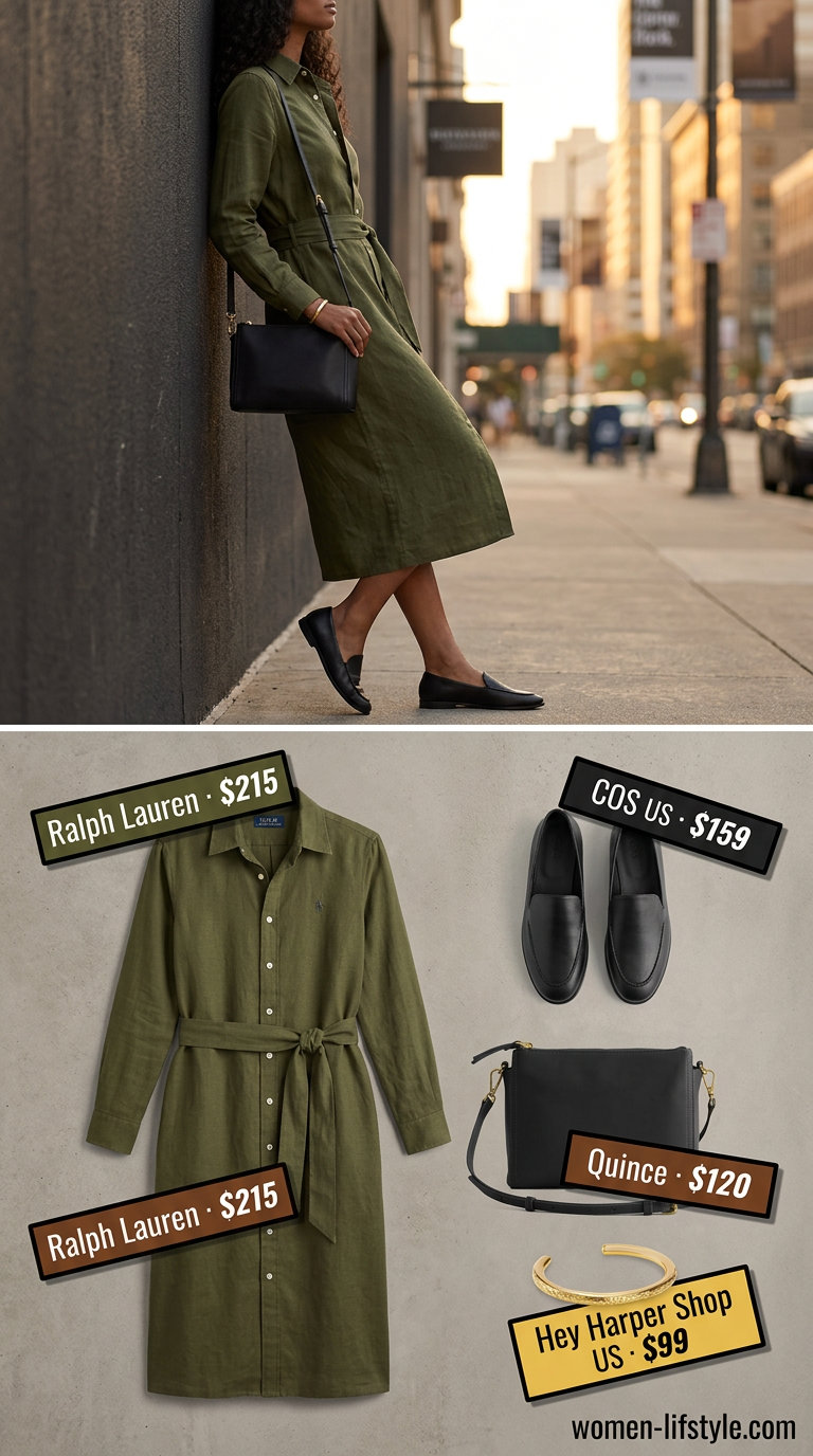 Minimalist linen summer outfits for women 2026: Olive green linen shirtdress for a polished daytime event look.