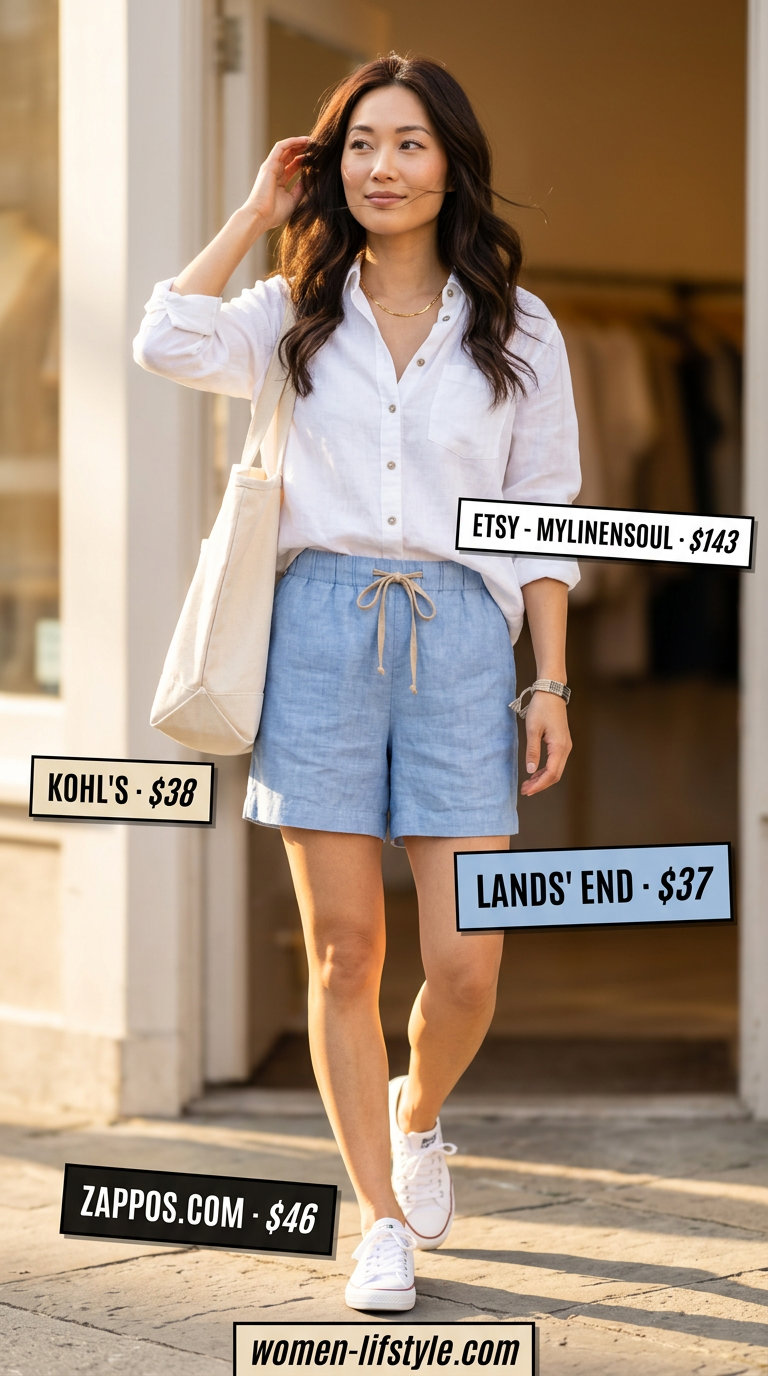 Minimalist linen summer outfits for women 2026: Light blue linen shorts & white oversized button-down for casual outings.