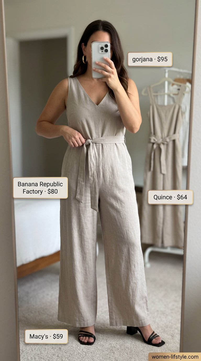 Minimalist linen summer outfits for women 2026: Soft taupe linen jumpsuit for a sophisticated summer party look.