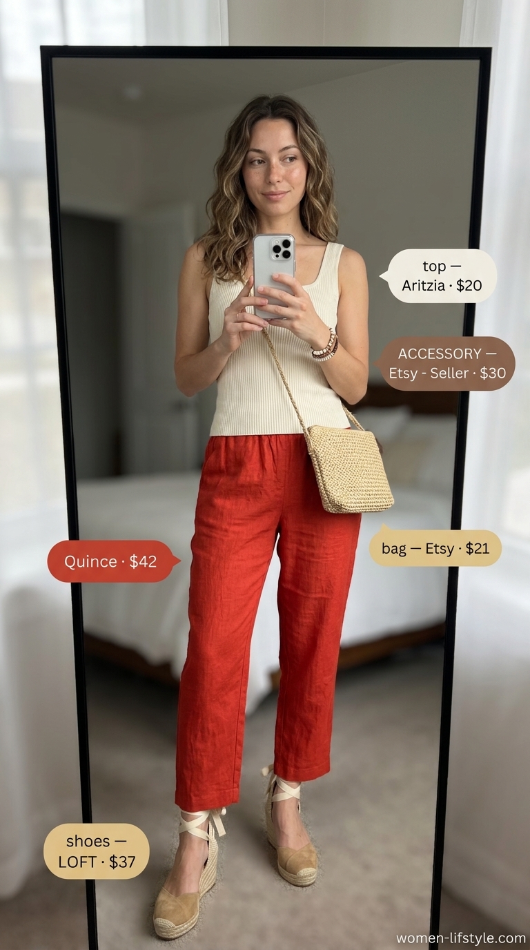 Minimalist linen summer outfits for women 2026: Terracotta midi skirt, cream knit top for elegant brunch.