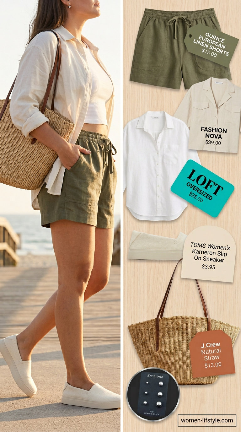 Minimalist linen summer outfit: White linen shirt, khaki shorts, straw tote, canvas slip-ons, silver earrings.