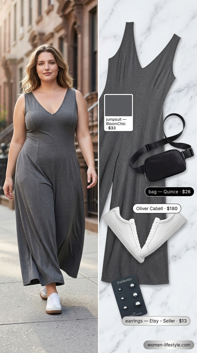 Minimalist NYC Summer Outfits 2026: Travel Day Comfort Minimalist NYC summer outfit for women 2026: Charcoal grey jumpsuit, white sneakers, silver earrings.
