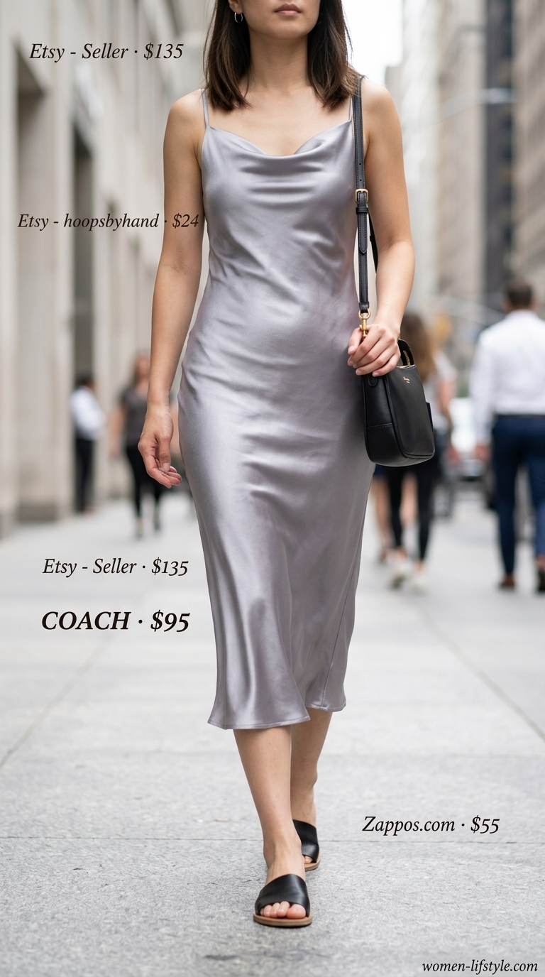 Minimalist NYC Summer Outfits 2026: Gallery Hopping Style Minimalist NYC summer outfit for women 2026: Charcoal grey slip dress, black bag, silver hoops.