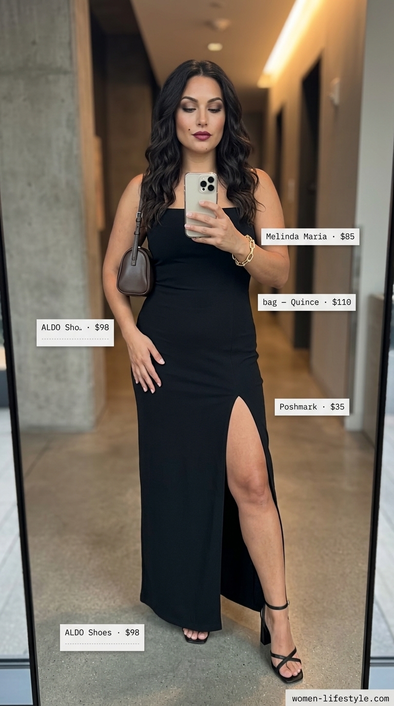 Minimalist NYC Summer Outfits 2026: Evening Event Style Minimalist NYC summer outfit for women 2026: Black maxi dress, heeled sandals, gold bracelet.