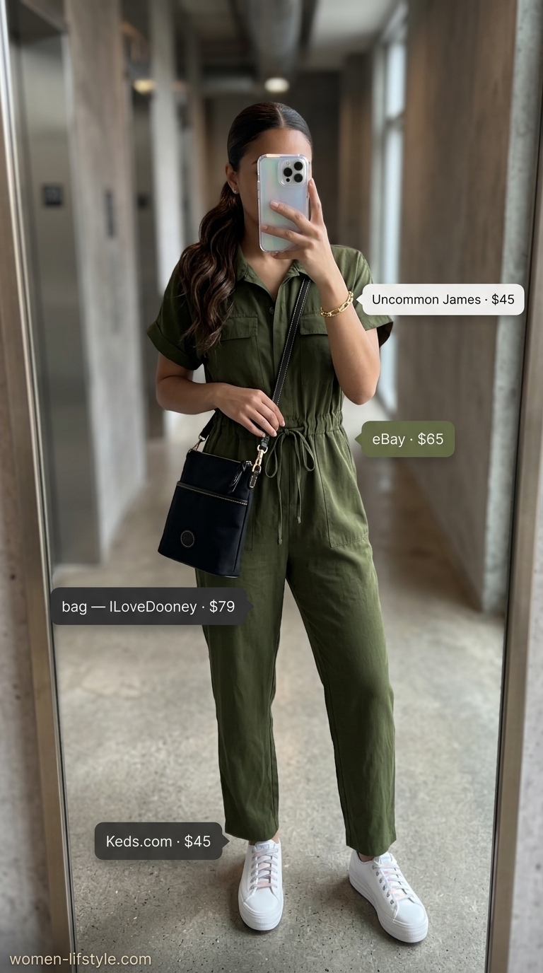 Minimalist NYC Summer Outfits 2026: Soho Utility Luxe Minimalist NYC summer outfit for women 2026: Olive green utility jumpsuit, white sneakers, black crossbody.