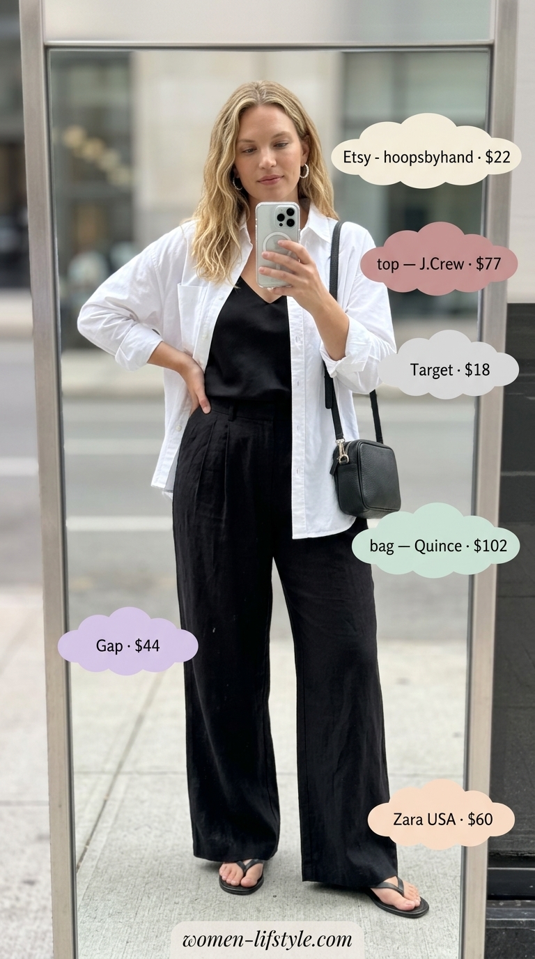 Minimalist NYC Summer Outfits 2026: Waterfront Casual Minimalist NYC summer outfit for women 2026: Black linen pants, white shirt, black cami, sandals.