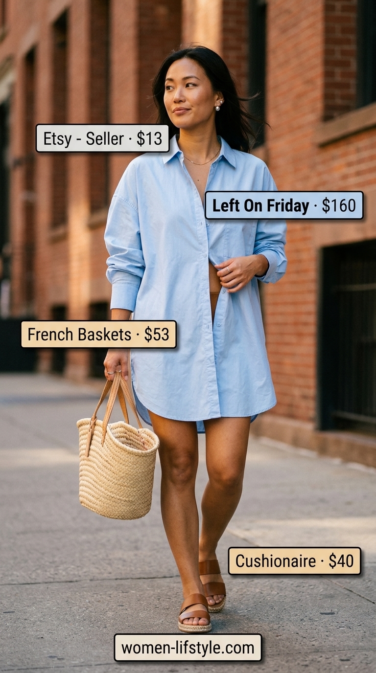 Minimalist NYC Summer Outfits 2026: Brunch Ready Minimalist NYC summer outfit for women 2026: Light blue shirt dress, straw tote, tan espadrilles.