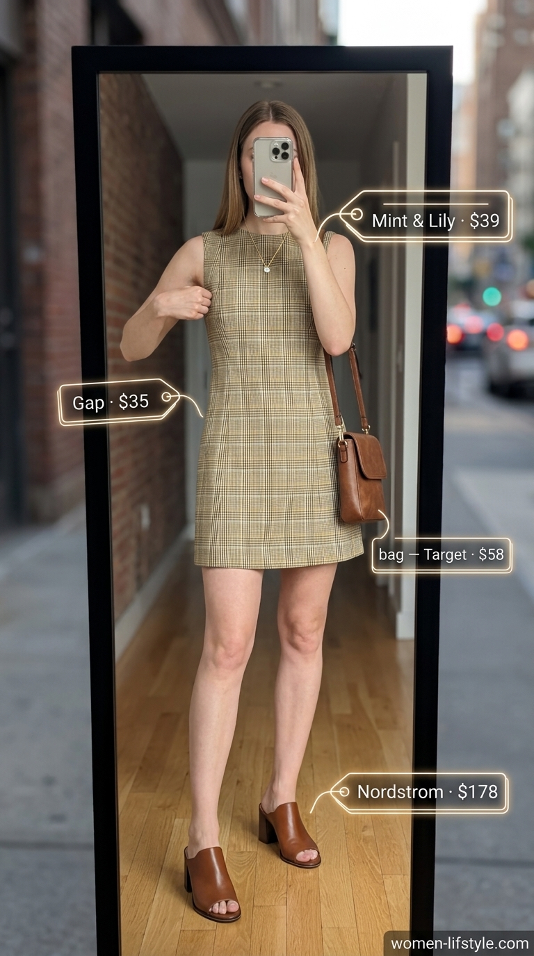 Minimalist NYC Summer Outfits 2026: Sightseeing Chic Minimalist NYC summer outfit for women 2026: Cream shift dress, brown crossbody, gold necklace.