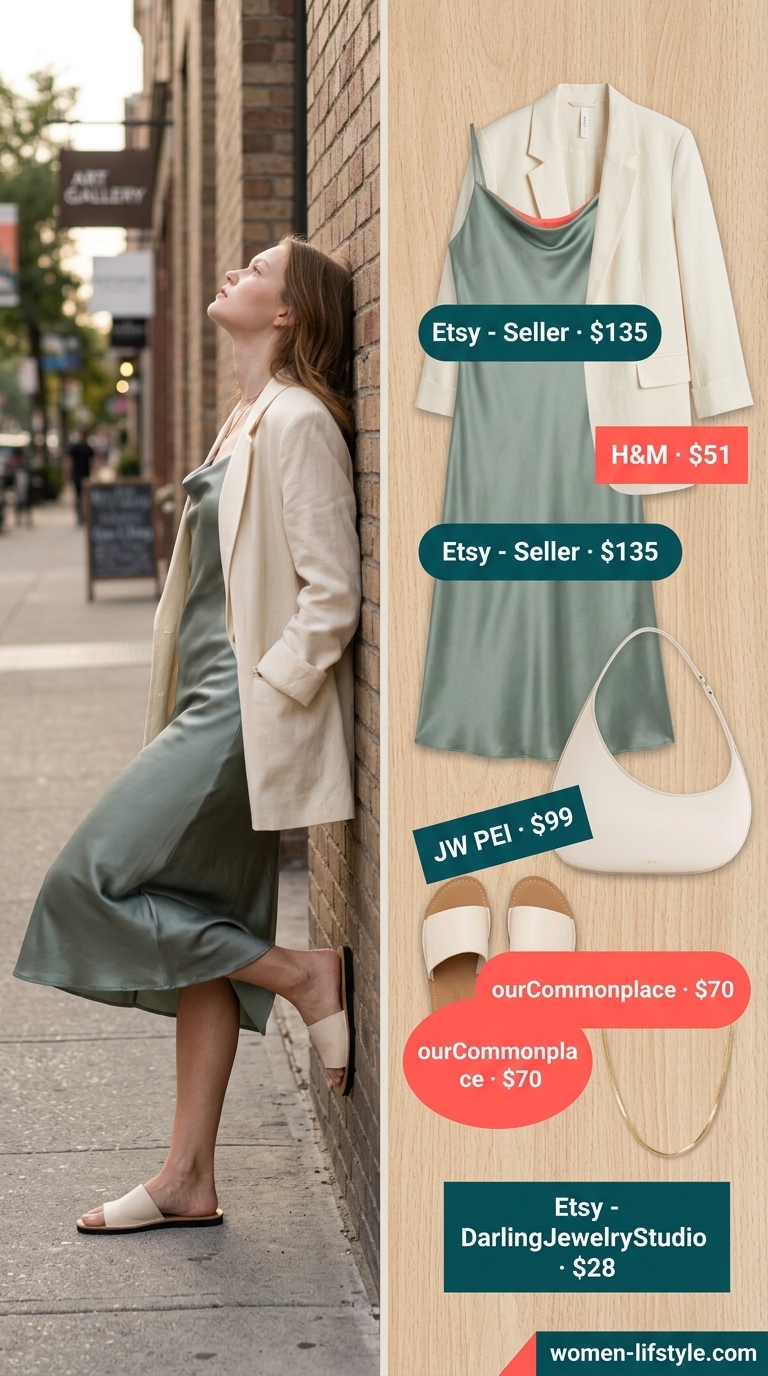 Minimalist NYC summer outfit for women 2026: Sage slip dress, cream blazer, sandals & gold necklace.