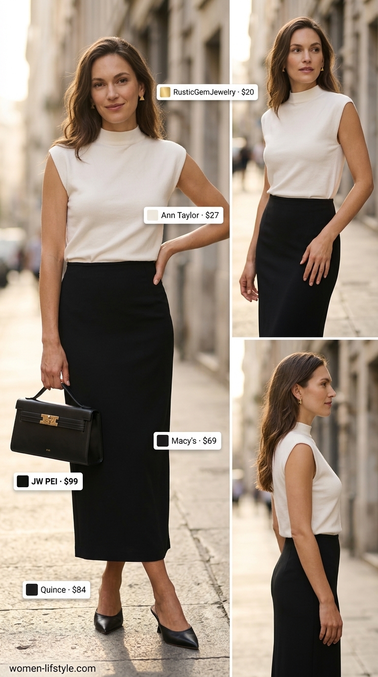 Minimalist NYC Summer Outfits 2026: SoHo Gallery Opening Style Minimalist NYC summer outfits for women 2026: Black column skirt, off-white knit top, black mules for gallery.