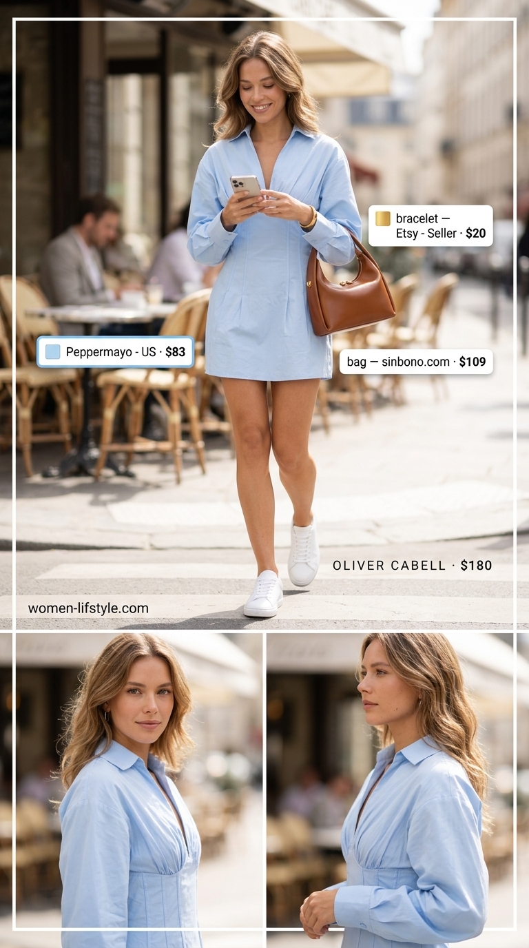 Minimalist NYC Summer Outfits 2026: Greenwich Village Cafe Style Minimalist NYC summer outfits for women 2026: Sky blue mini shirt dress, white sneakers, and brown crossbody for a cafe run.