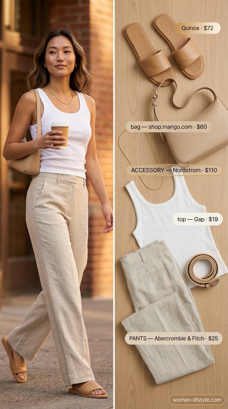 Minimalist NYC Summer Outfits 2026: Midtown Morning Style Minimalist NYC summer outfits for women 2026: Cream linen pants, white tank, and tan slides for a polished look.