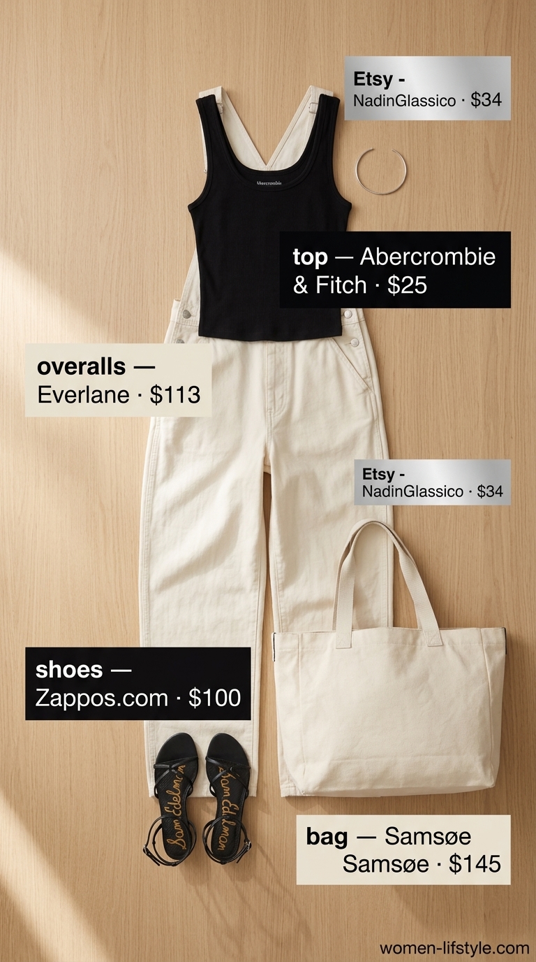 Minimalist NYC Summer Outfits 2026: Bushwick Art Walk Style Minimalist NYC summer outfits for women 2026: Ecru linen overalls, black tank, and sandals for a casual art walk.