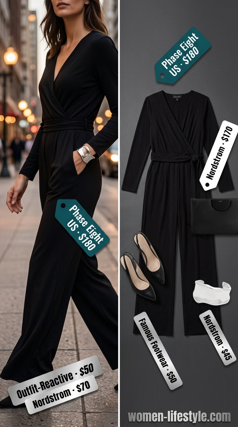 Minimalist NYC Summer Outfits 2026: Evening Jumpsuit Minimalist NYC summer outfit for women 2026: Charcoal jumpsuit, black heels & clutch.