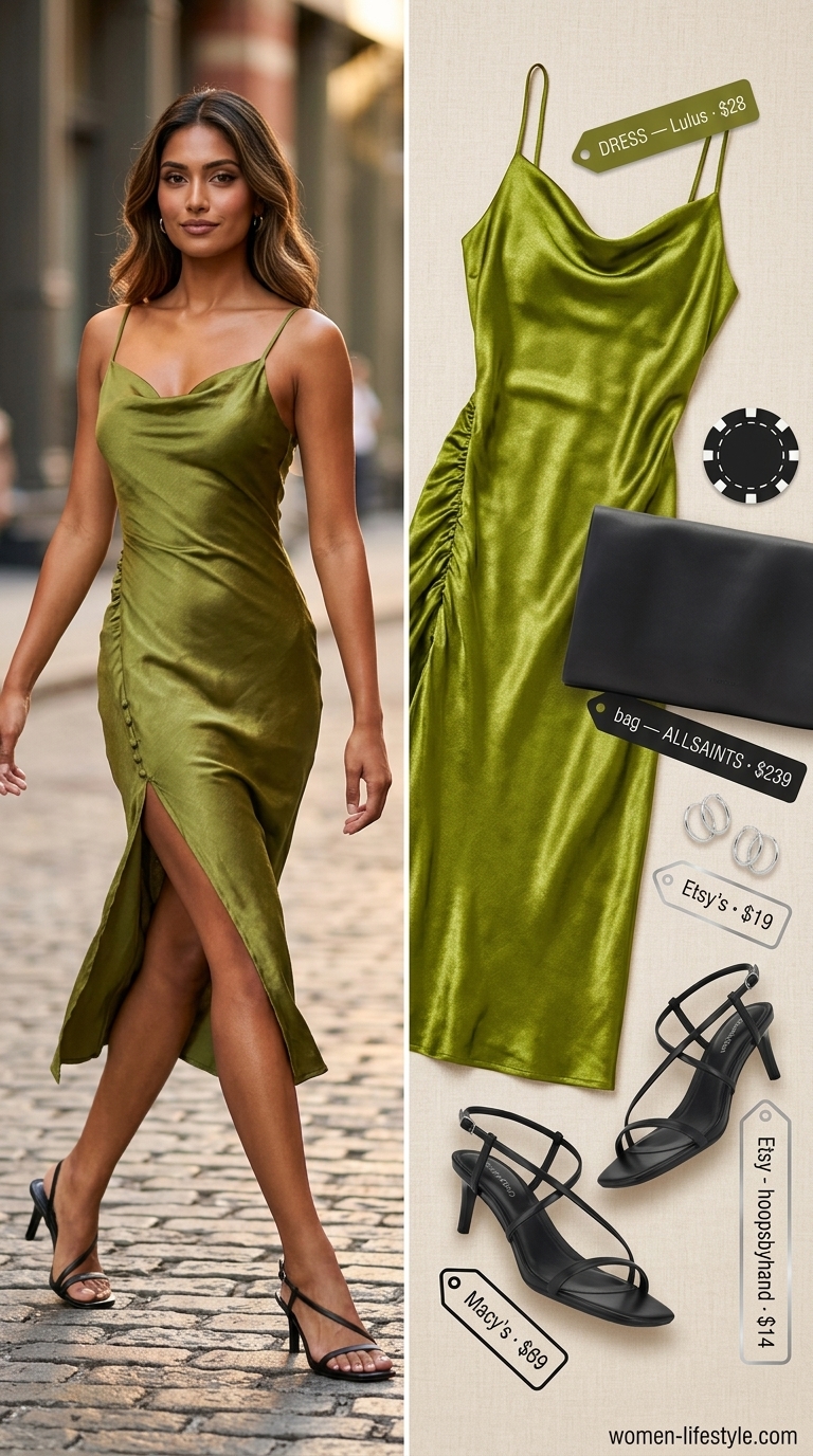 Minimalist NYC Summer Outfits 2026: Lower East Side Evening Minimalist NYC summer outfits for women 2026: Sage green satin slip dress, black heels, and clutch for evening.