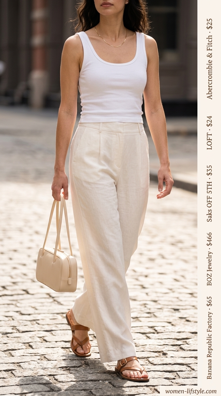 Minimalist NYC Summer Outfits 2026: Linen Trousers Minimalist NYC summer outfit for women 2026: Off-white linen pants, cream tank, tan sandals & bag.