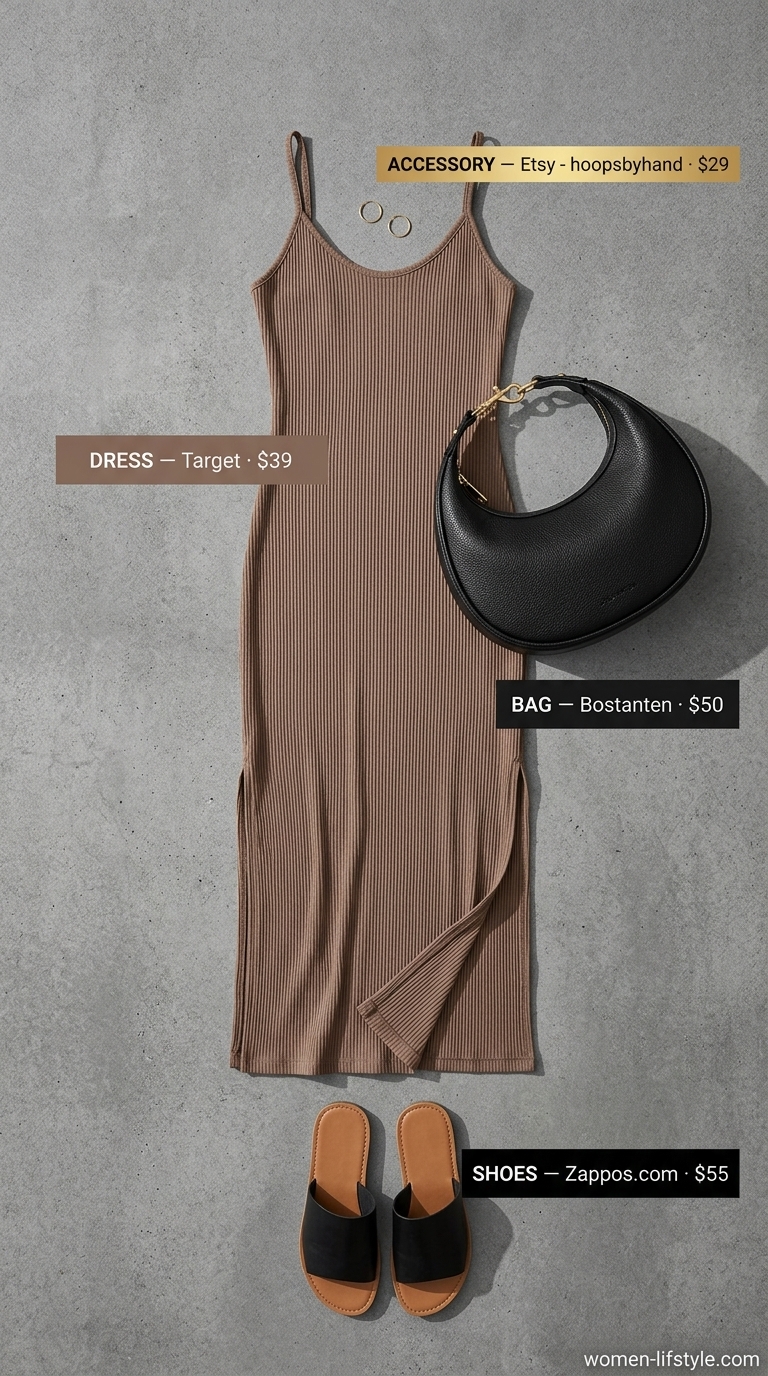 Minimalist NYC Summer Outfits 2026: Riverside Park Sunset Style Minimalist NYC summer outfits for women 2026: Mocha brown maxi dress, black sandals, and crescent bag for sunset.