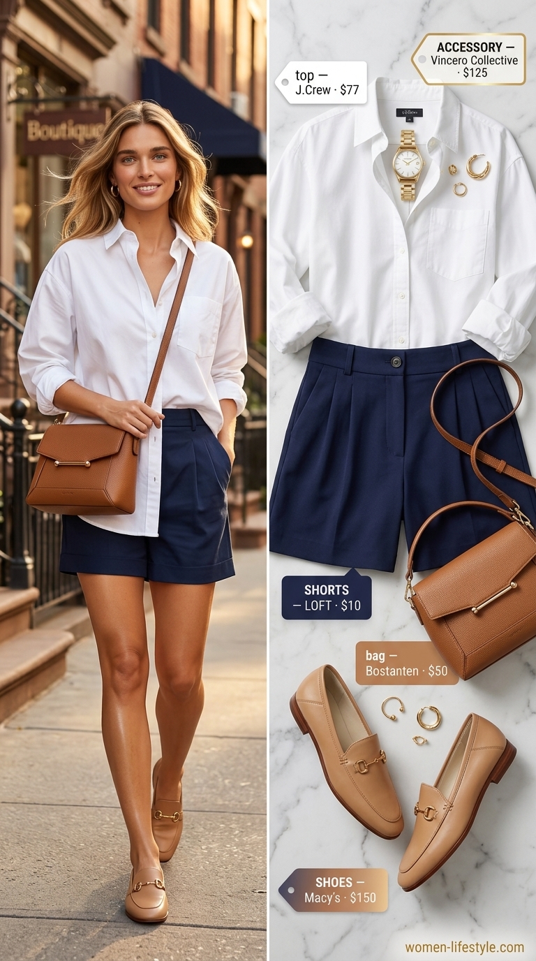 Minimalist NYC Summer Outfits 2026: West Village Smart Casual Minimalist NYC summer outfits for women 2026: Navy Bermuda shorts, white button-down, loafers for West Village.
