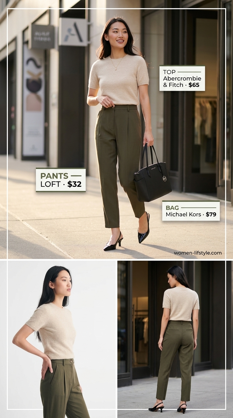 Minimalist NYC Summer Outfits 2026: Financial District Work Style Minimalist NYC summer outfits for women 2026: Olive green trousers, cream knit top, black pumps for work.