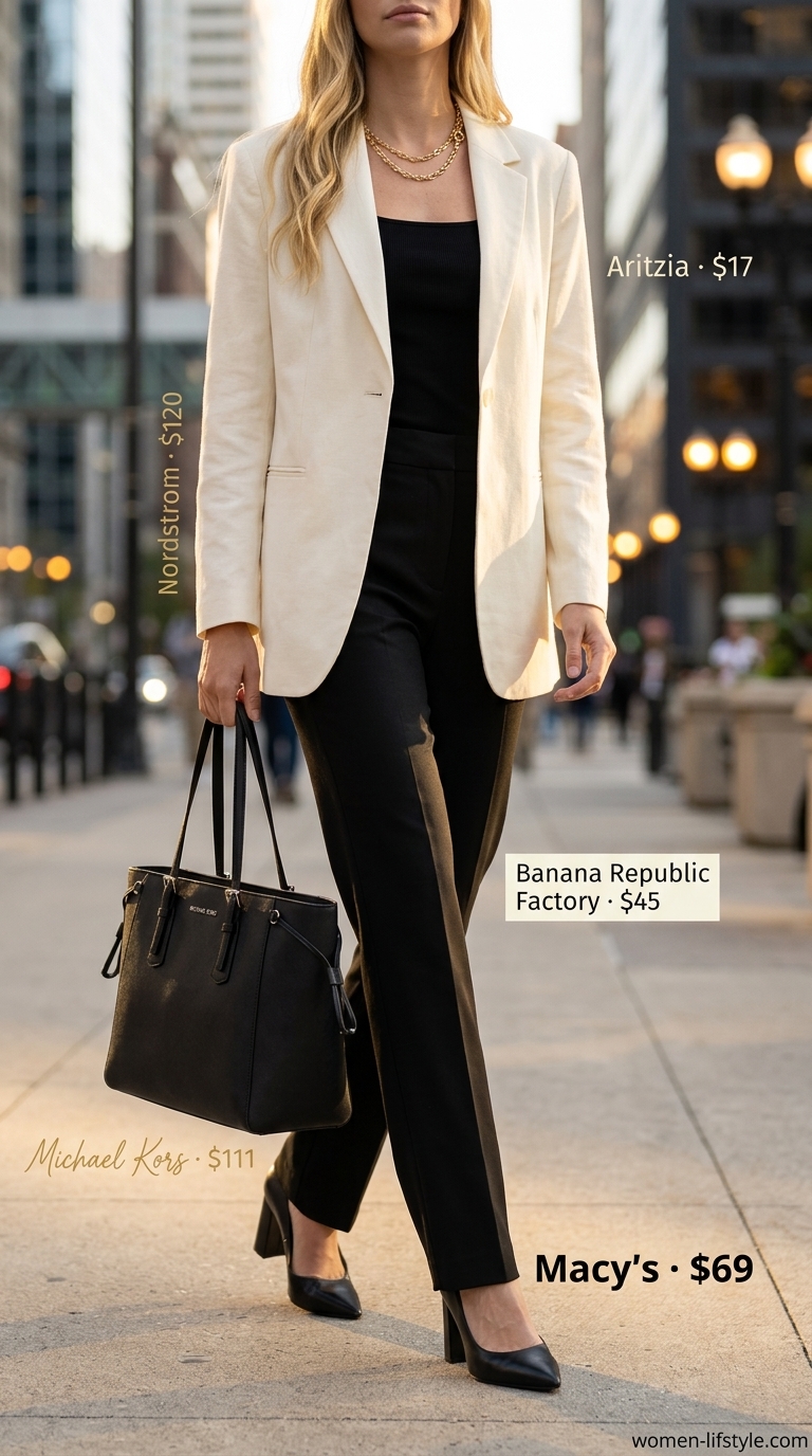 Minimalist NYC Summer Outfits 2026: Power Lunch Minimalist NYC summer outfit for women 2026: Cream blazer, black trousers, tank, pumps & tote.