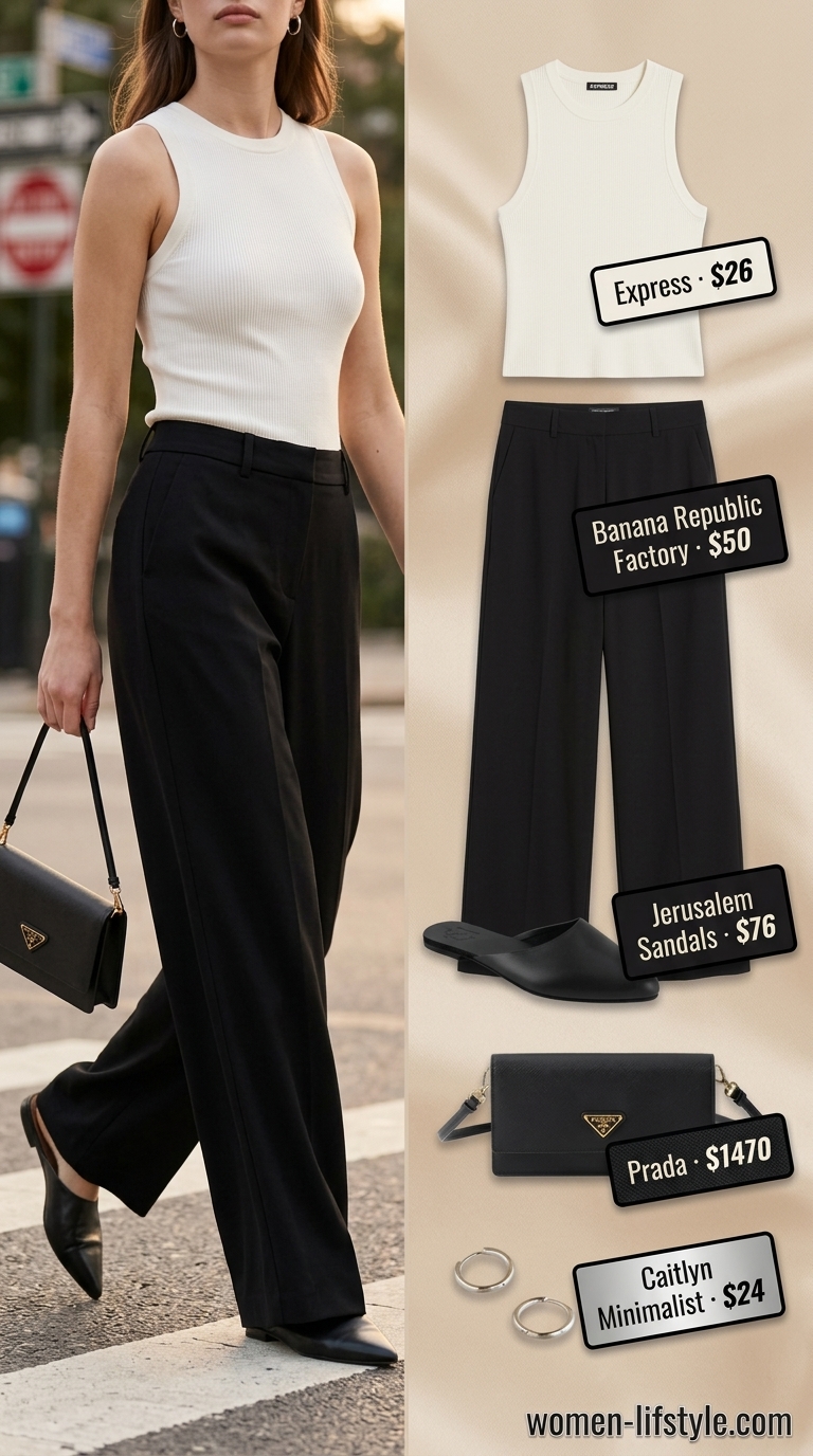 Minimalist NYC Summer Outfits 2026: Power Stroll Minimalist NYC summer outfit for women 2026: Black wide-leg pants, ivory tank, mules & mini bag.