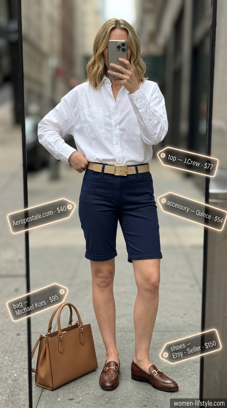 Minimalist NYC Summer Outfits 2026: Tailored Shorts Minimalist NYC summer outfit for women 2026: Navy shorts, white shirt, loafers & tote.