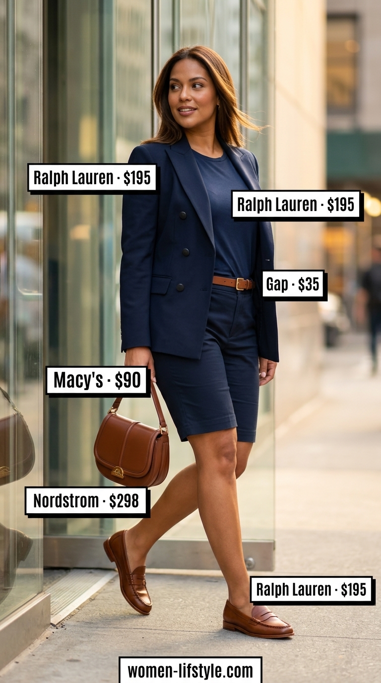 Minimalist NYC Summer Outfits 2026: Tennis Club Lunch Minimalist NYC summer outfit for women 2026: Navy shorts, white polo, loafers & saddle bag.