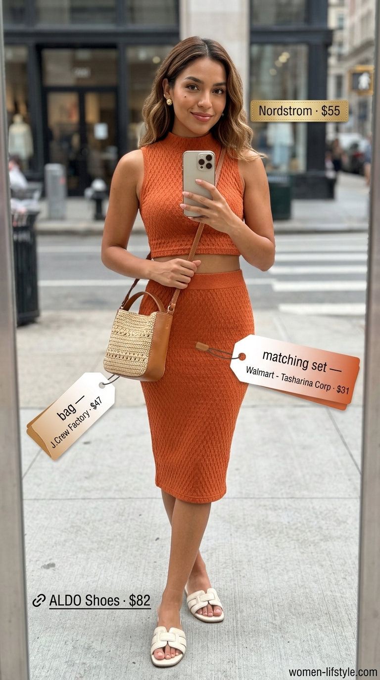 Minimalist NYC Summer Outfits 2026: Brooklyn Bridge Breezy Style Minimalist NYC summer outfits for women 2026: Terracotta knit set, raffia bag, and tan slides for Brooklyn Bridge.