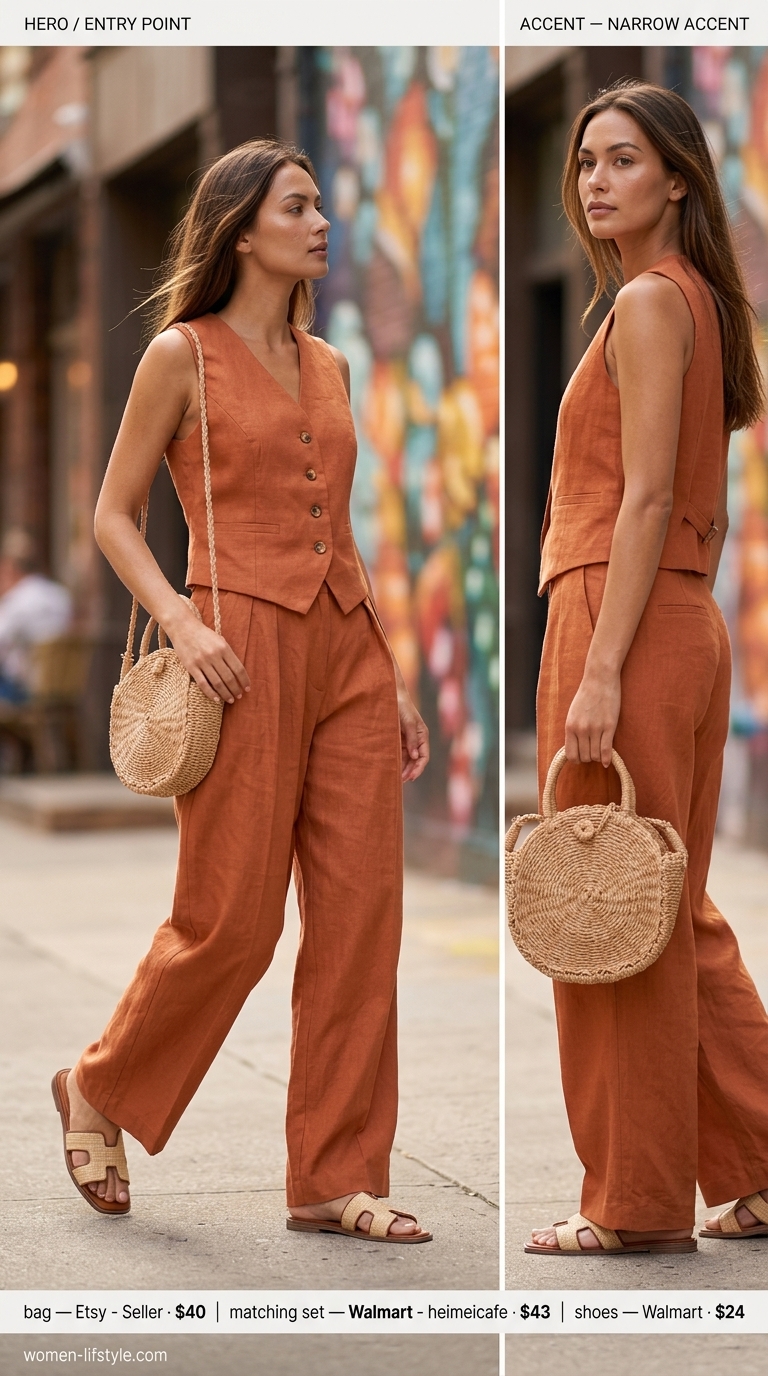 Minimalist NYC Summer Outfits 2026: Chelsea Market Matching Set Minimalist NYC summer outfits for women 2026: Terracotta linen matching set, raffia slides, and straw bag for market stroll.