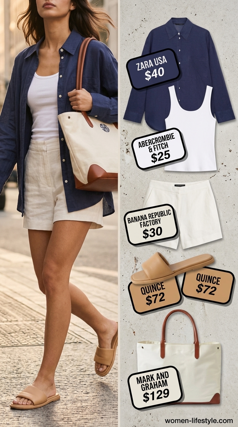 Minimalist NYC Summer Outfits 2026: Weekend Casual Minimalist NYC summer outfit for women 2026: White tank, navy shirt, linen shorts & sandals.