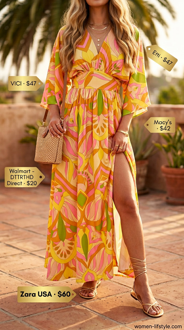 Mob wife summer outfits 2026: Flowy abstract print maxi dress, gold sandals, layered necklaces, straw bag.