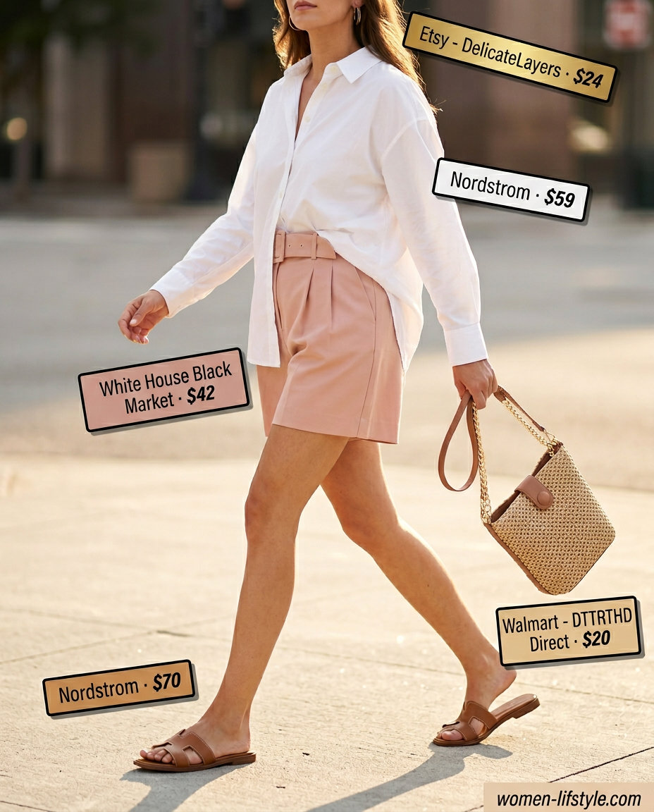 Mob wife summer outfits 2026: Blush pink tailored shorts, white oversized shirt, tan slides, straw bag.