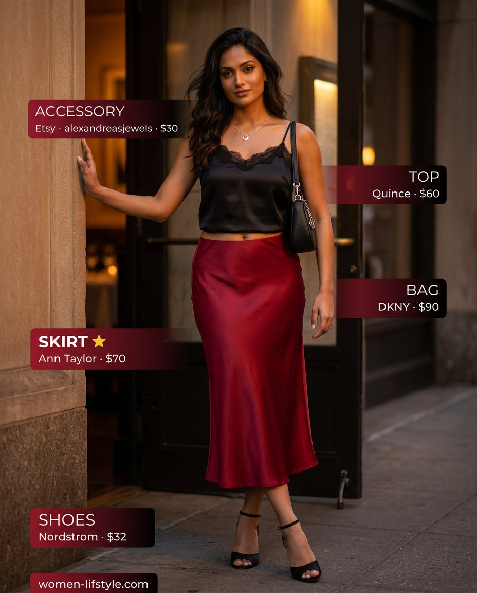 Mob wife summer outfits 2026: Burgundy slip skirt, black camisole, black heels, silver necklace.