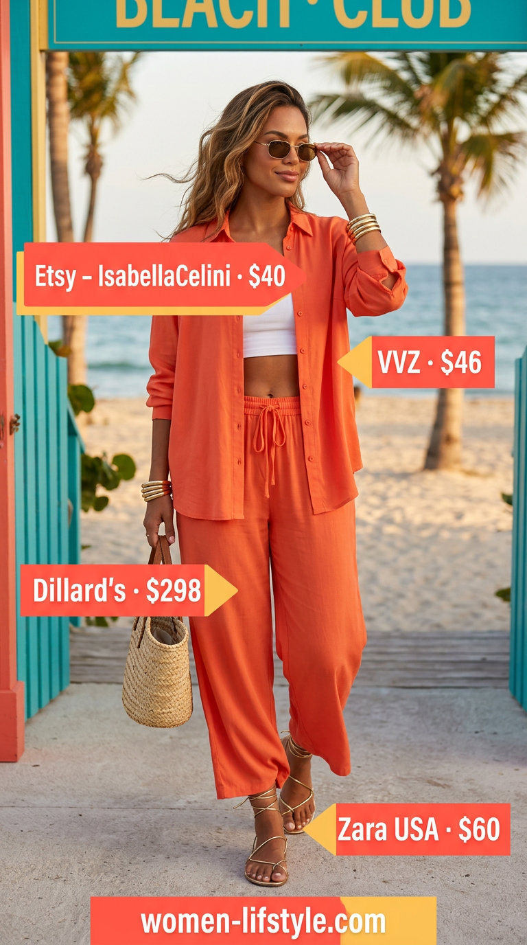Mob wife summer outfits 2026: Coral shirt set, gold sandals, raffia tote for vacation resort.