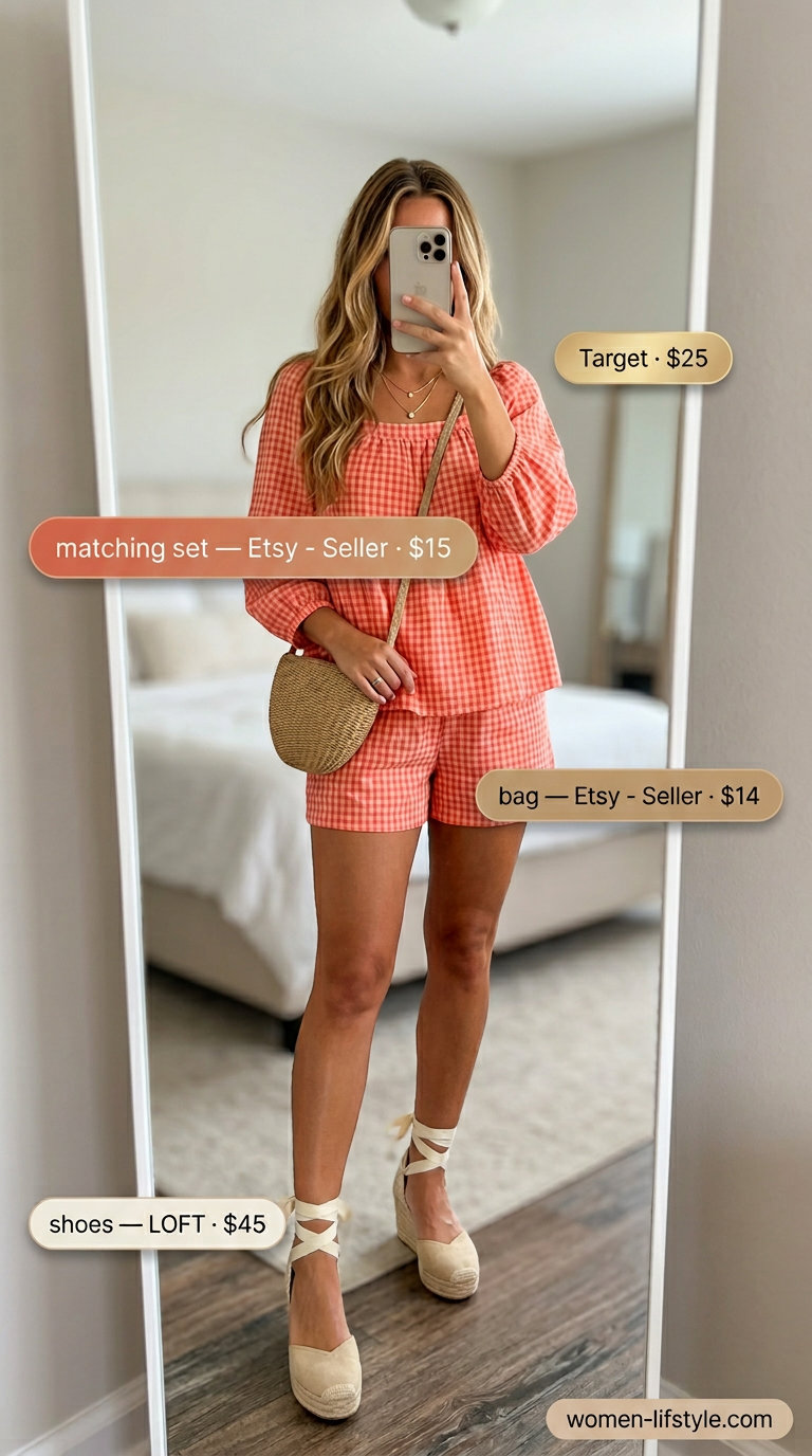 Mob wife summer outfits 2026: Coral crop top & shorts set, espadrilles, straw bag, layered gold necklaces.