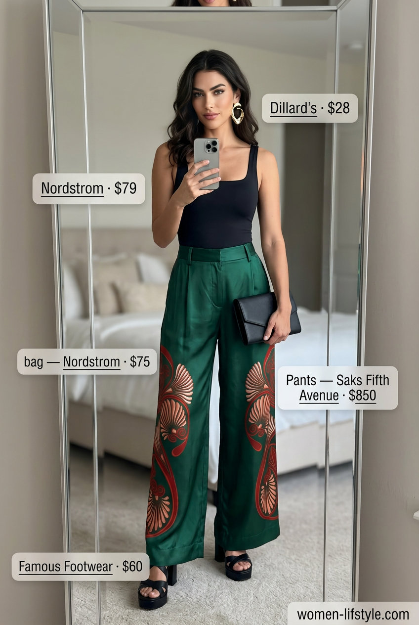 Mob wife summer outfits 2026: Emerald green palazzo pants, black bodysuit, black platforms, gold earrings.