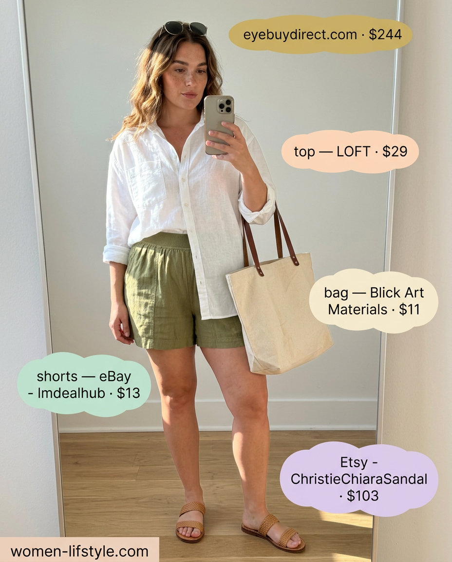 Mob wife summer outfits 2026: Olive linen shorts, oversized white shirt, gold sunglasses, leather sandals for a relaxed getaway.