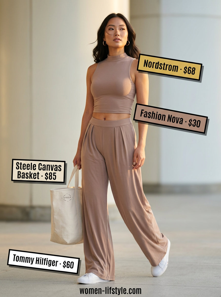 Mob wife summer outfits 2026: Cream knit matching set, white sneakers, canvas tote for elevated athleisure.